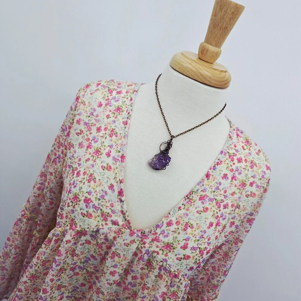 Pink Lily Floral Chiffon Babydoll Long‎ Bell Sleeve V Neck Top Womens L Boho